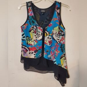 Y2k Blue Butterfly Print Sleeveless Asymmetric Layered Top Sheer Nicole Miler